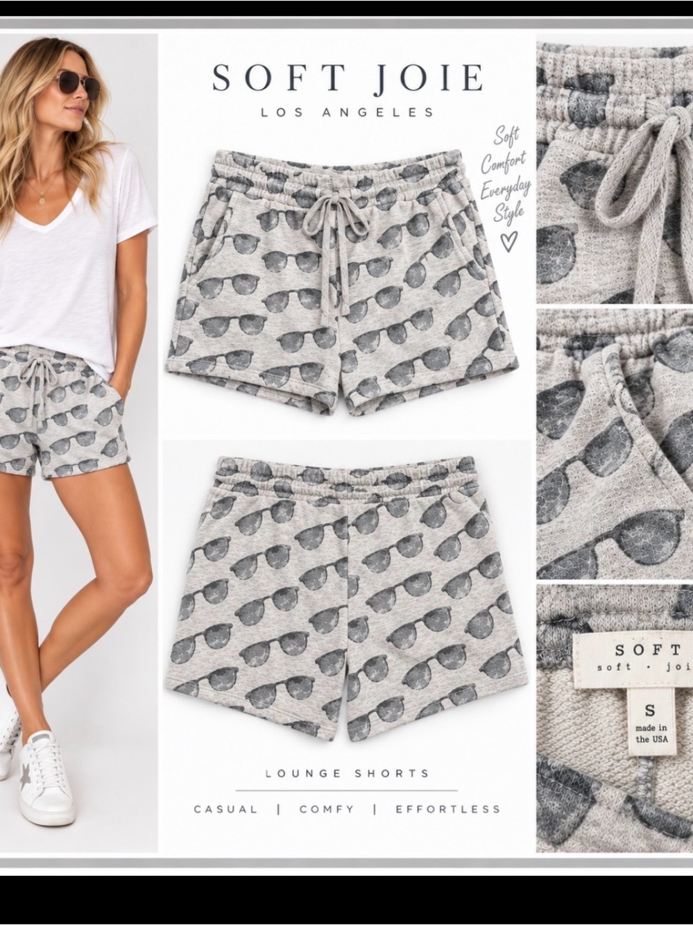 Joie Gray Sunglasses-Print Athletic Lounge Shorts